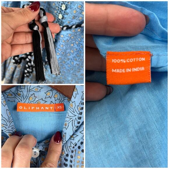 Oliphant Boho Romantic Fit & Flare XS Blue Floral Gold Print Belted Dress - Picture 6 of 9